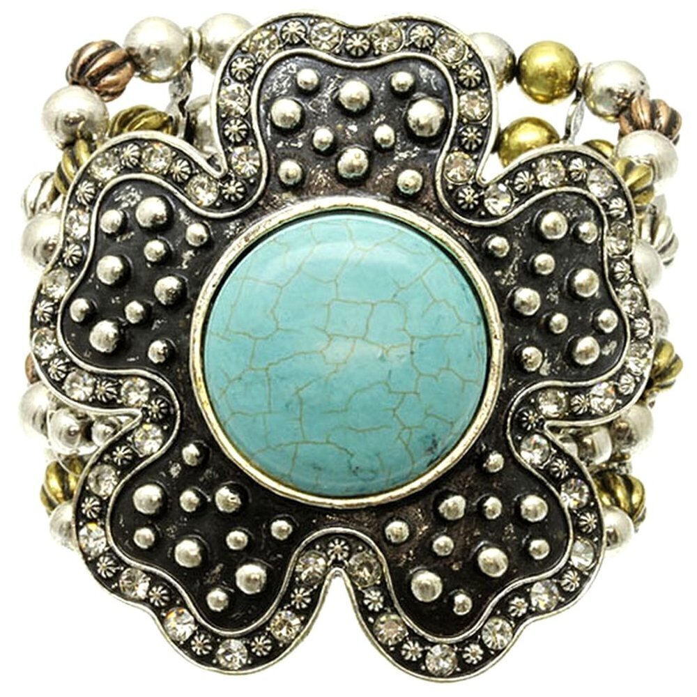 Giant Chunky Western Flower Dot Cabo Turquoise Stretch Bracelet Rustic Tritone